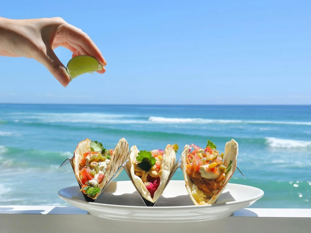 Fish Tacos on the Beach Deck at Burleigh Pavilion overlooking the ocean.