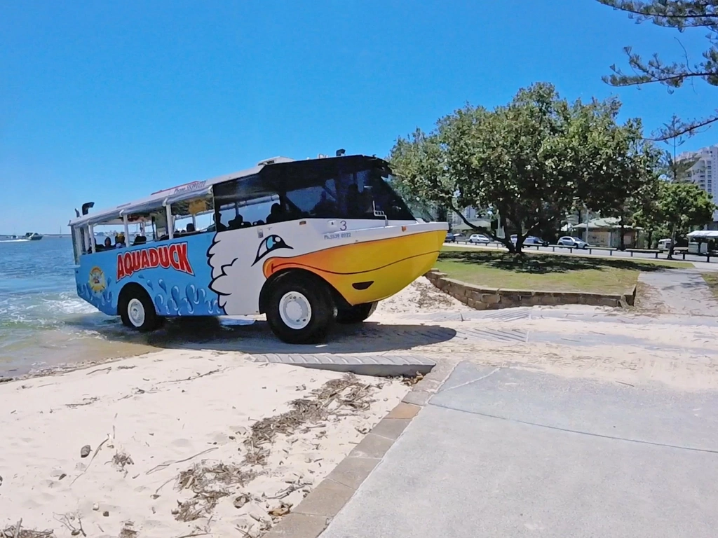 Aquaduck goes form water to land without leaving your seat,