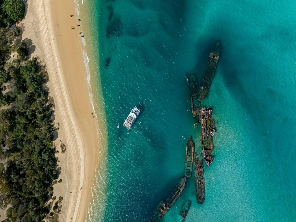 Aerial view of See Moreton near the iconic Tangalooma Wrecks
