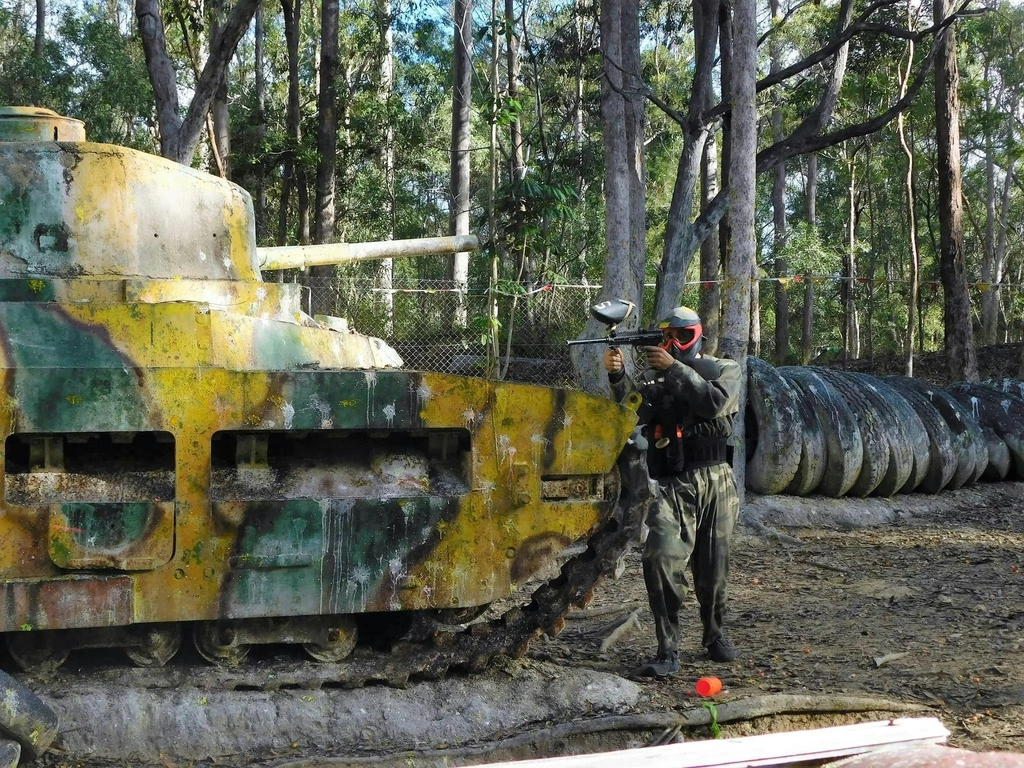 Military themed Paintball Field with tanks, choppers and forts