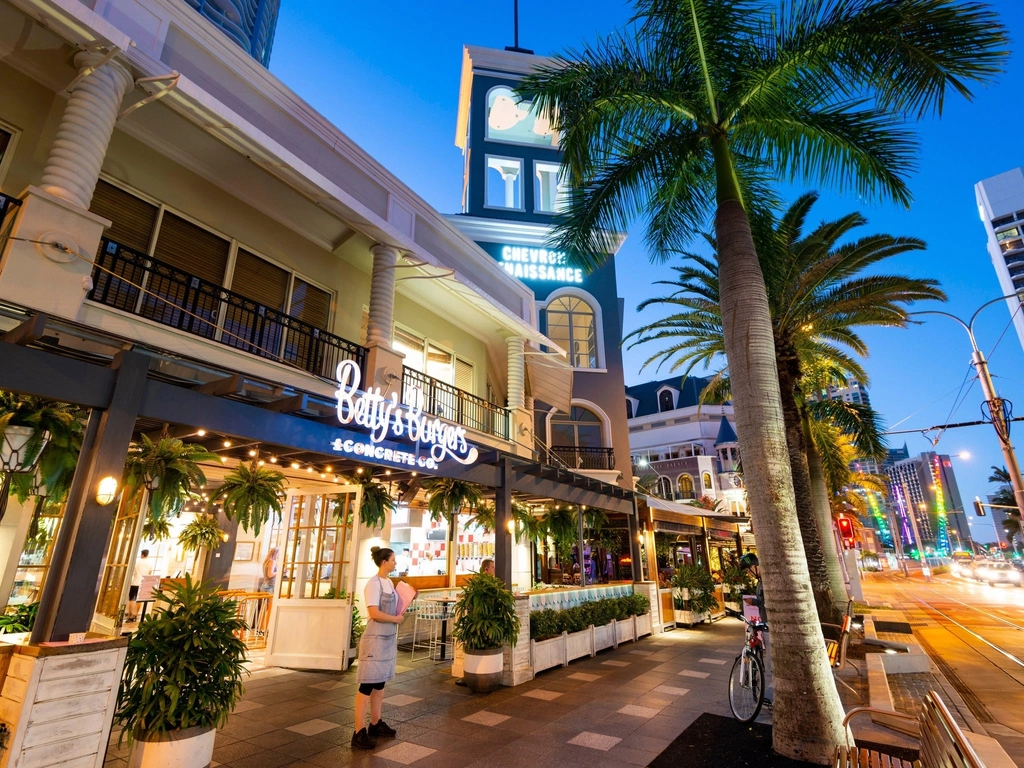 Betty's Burgers and bell tower on Surfers Paradise Boulevard