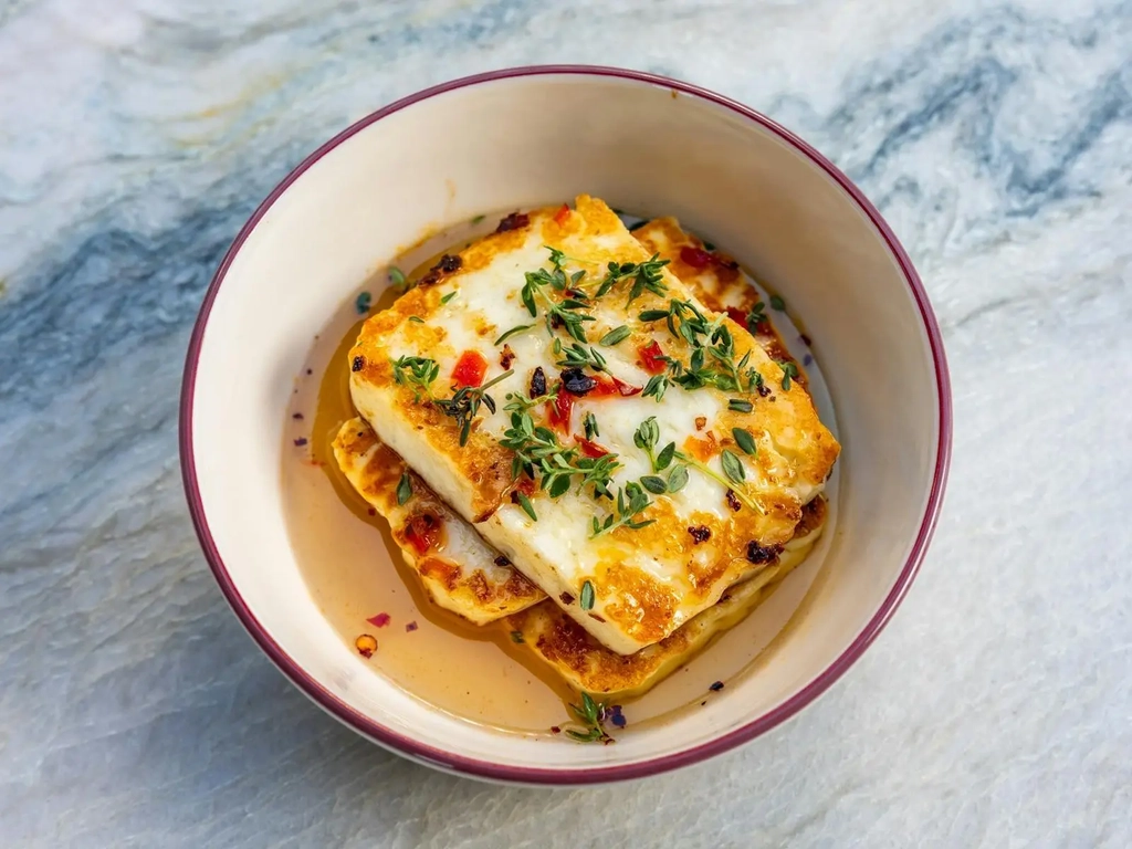 Pan-fried haloumi with chilli, thyme and honey in a bowl