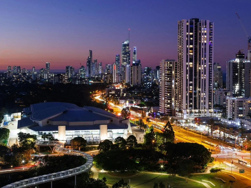 GCCEC and Broadbeach skyline at night