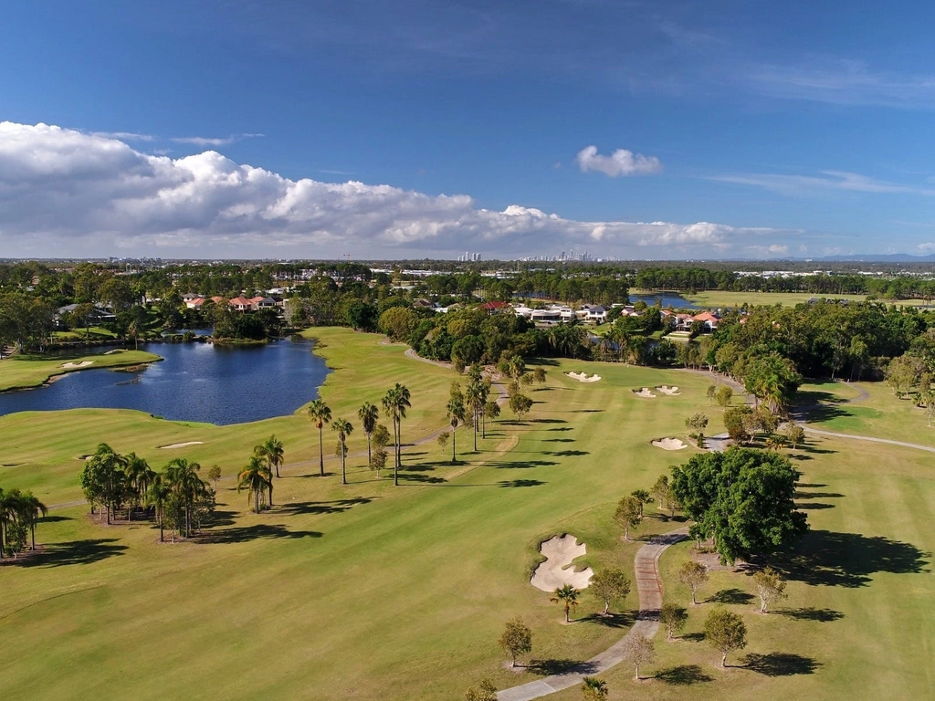 Aerial View over The Palms Golf Course with the Gold Coast Skyline in the distance