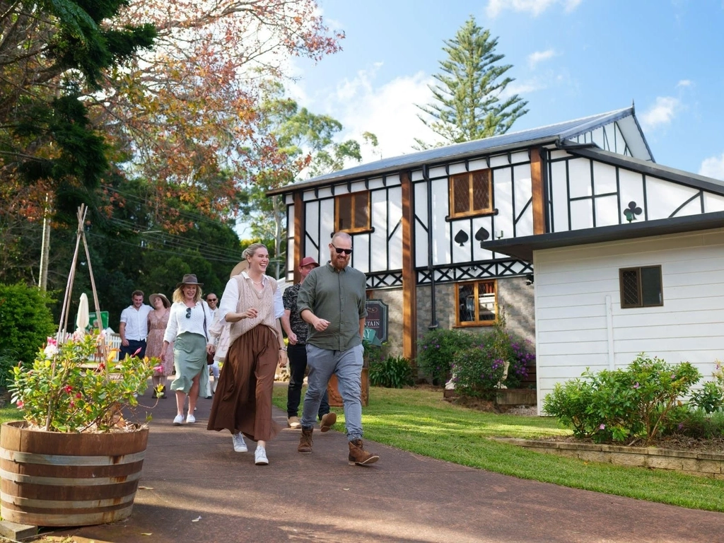 guests walking in front of winery