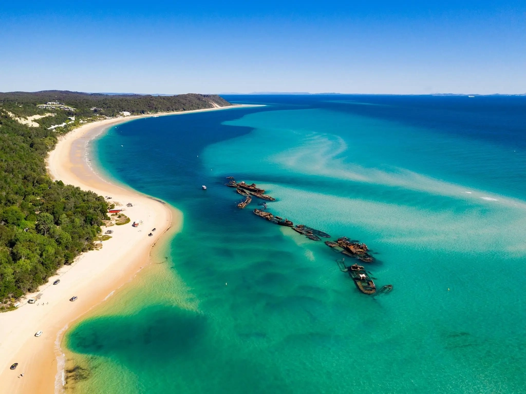 Aerial photograph of Moreton Island and the Tangalooma Wrecks