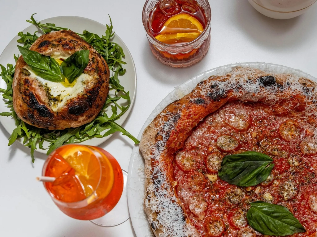 Burrata al Forno, Aperol Spritz and Marinara Pizza