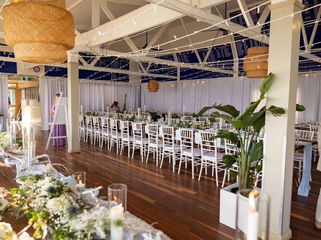 A hall styled beautifully for a beach themedwedding
