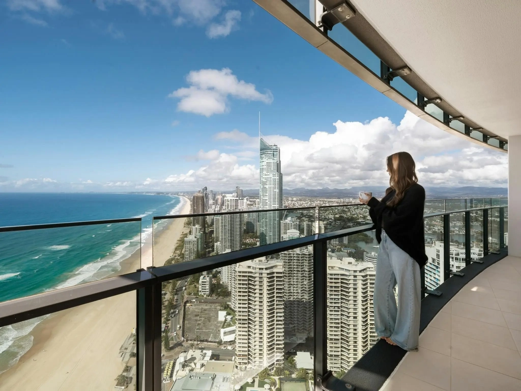 Ocean and beach view from the balcony of a level 46 apartment at Surfers Paradise
