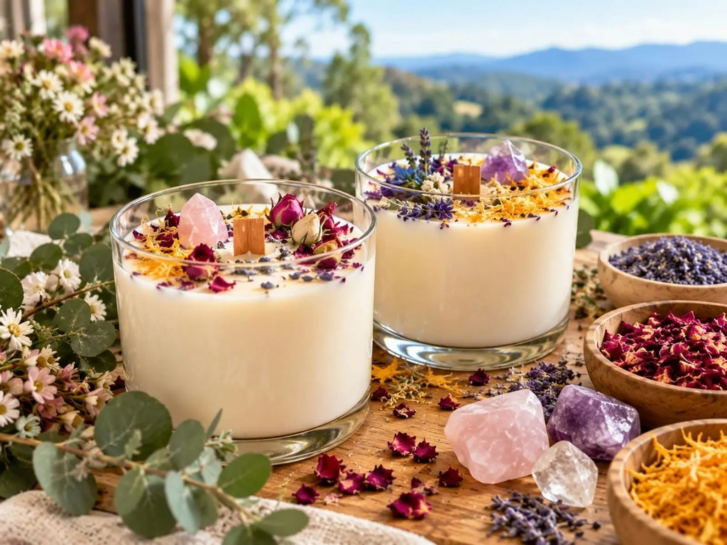 Completed handmade soy candles decorated with crystals and botanicals at Sip & Create Tamborine Moun