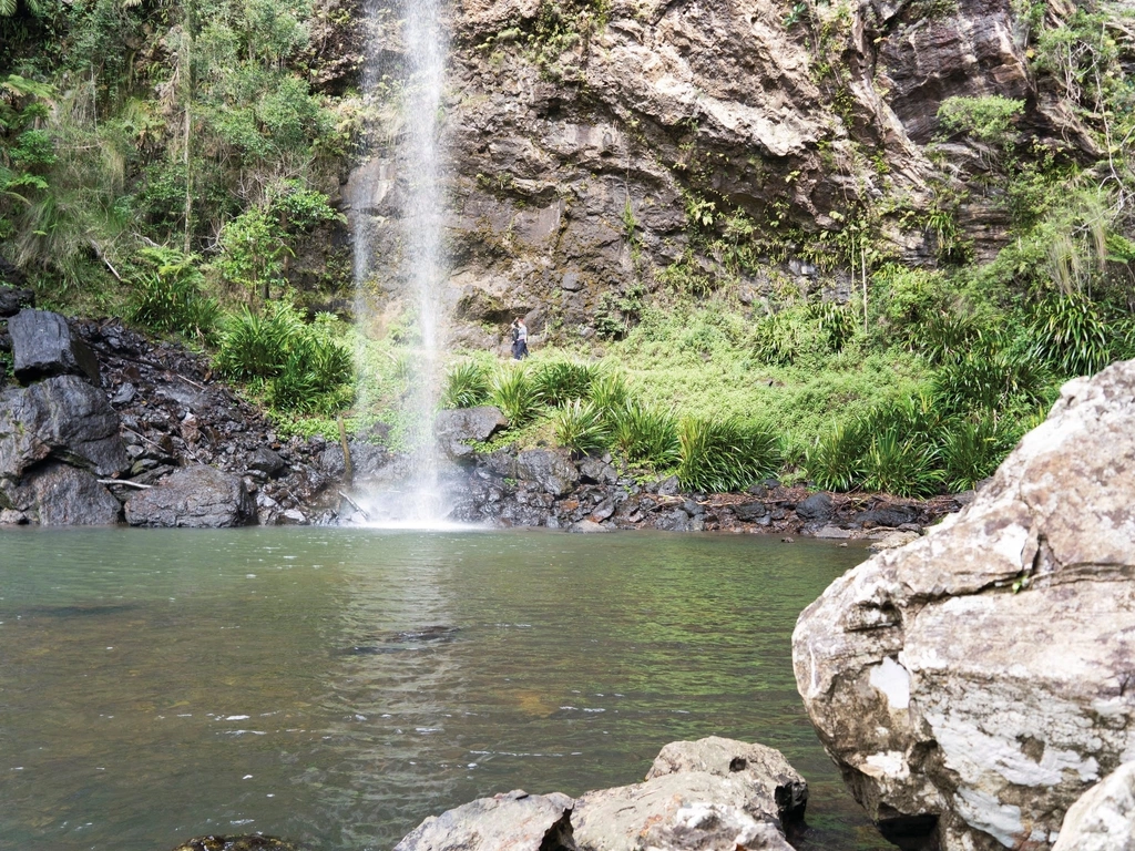 People walking behind waterfalls