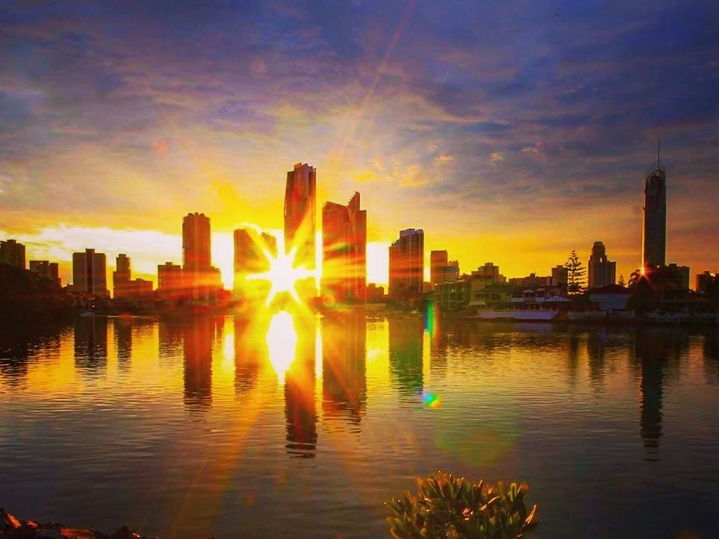 View of the Gold Coast skyline at dawn from Evandale Parklands