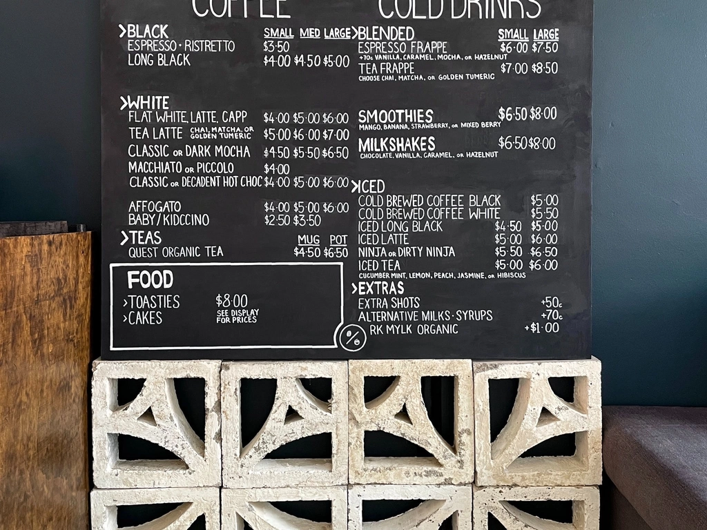 Roastery food and drinks menu