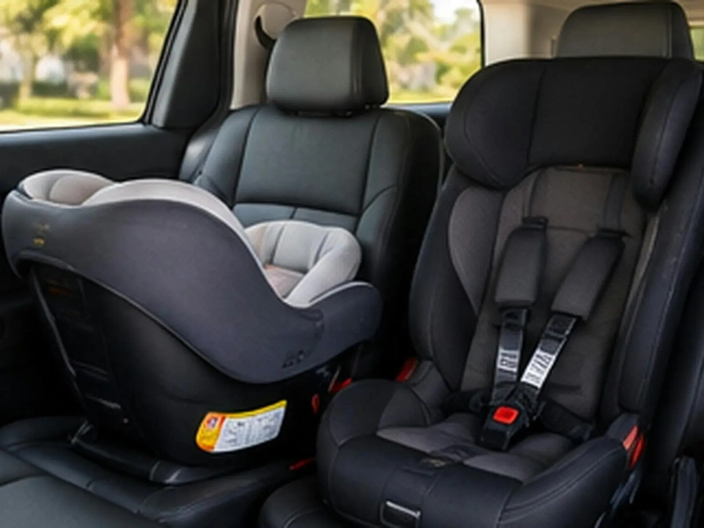 Child restraints installed in a vehicle for family airport transfers.
