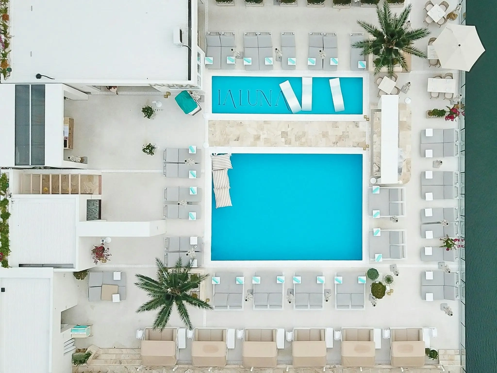 Bird’s-eye view of La Luna Beach Club overlooking the marina on the Gold Coast