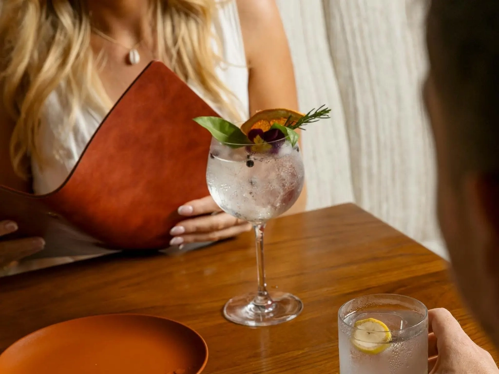 Drinks menu and G&T on table