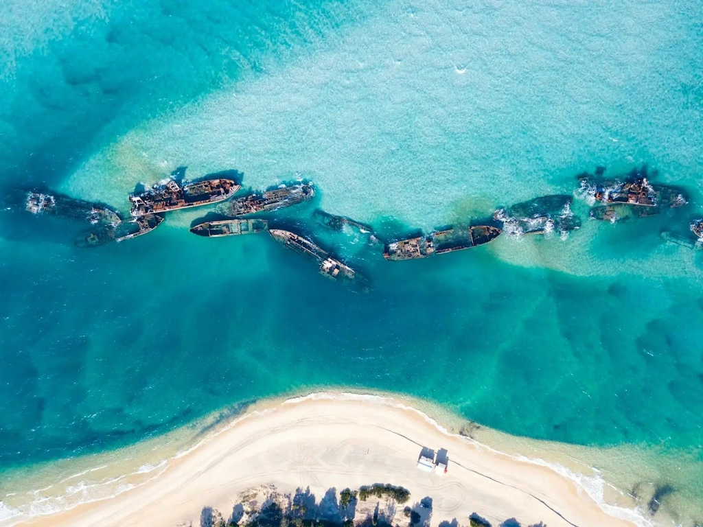 Aerial shot of the Tangalooma Wrecks