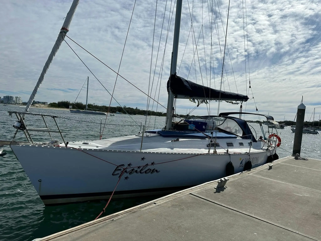 Sun Sailing's 38ft yacht Epsilon, tied to dock waiting for guests to arrive for sunset sailing trip.