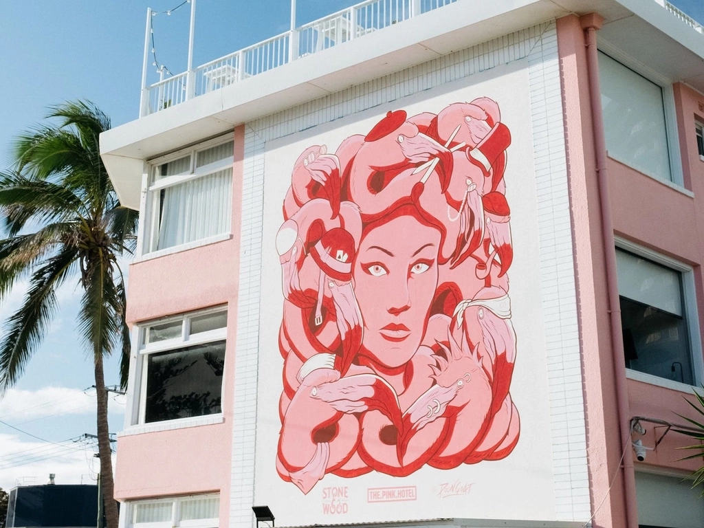 Pink Hotel mural by Poon Goat