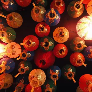 Asian themed lanterns hang from the roof