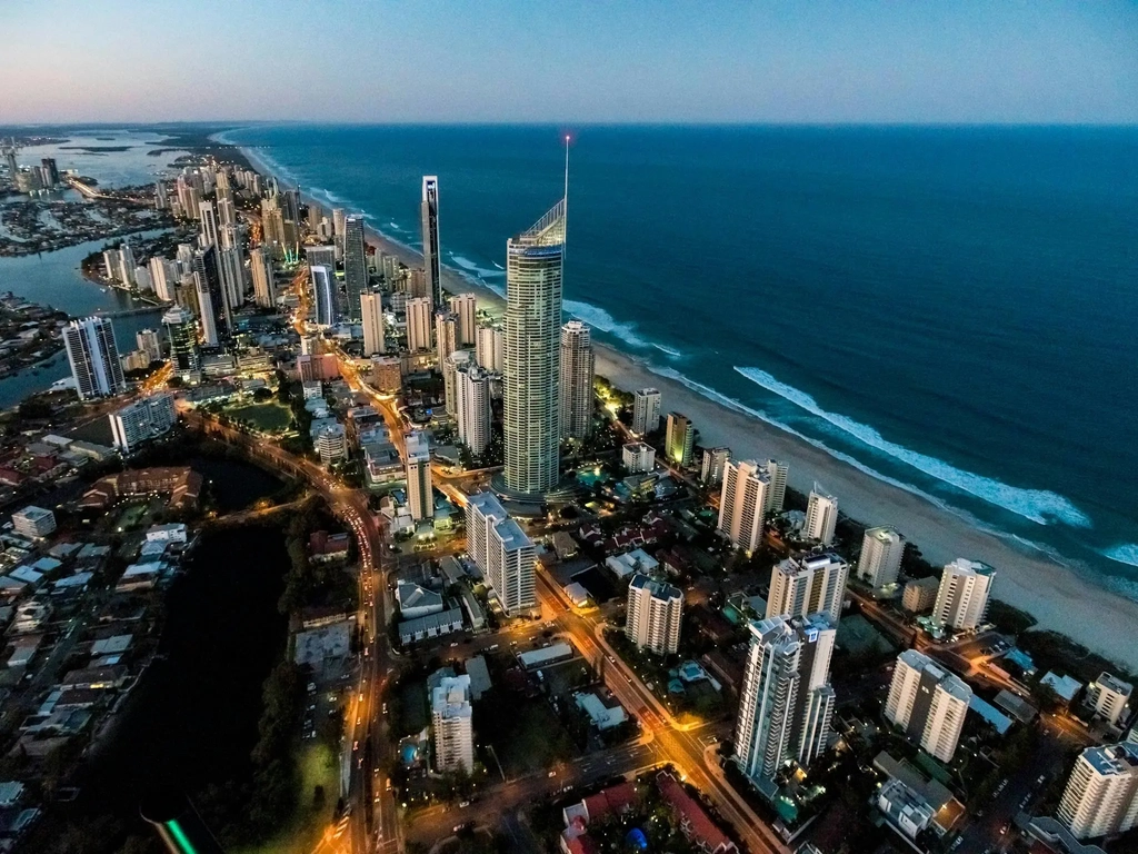ariel view of Q1 building at sunset