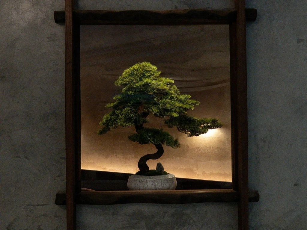 A carefully cultivated bonsai tree displayed within a timber frame against a textured stone wall