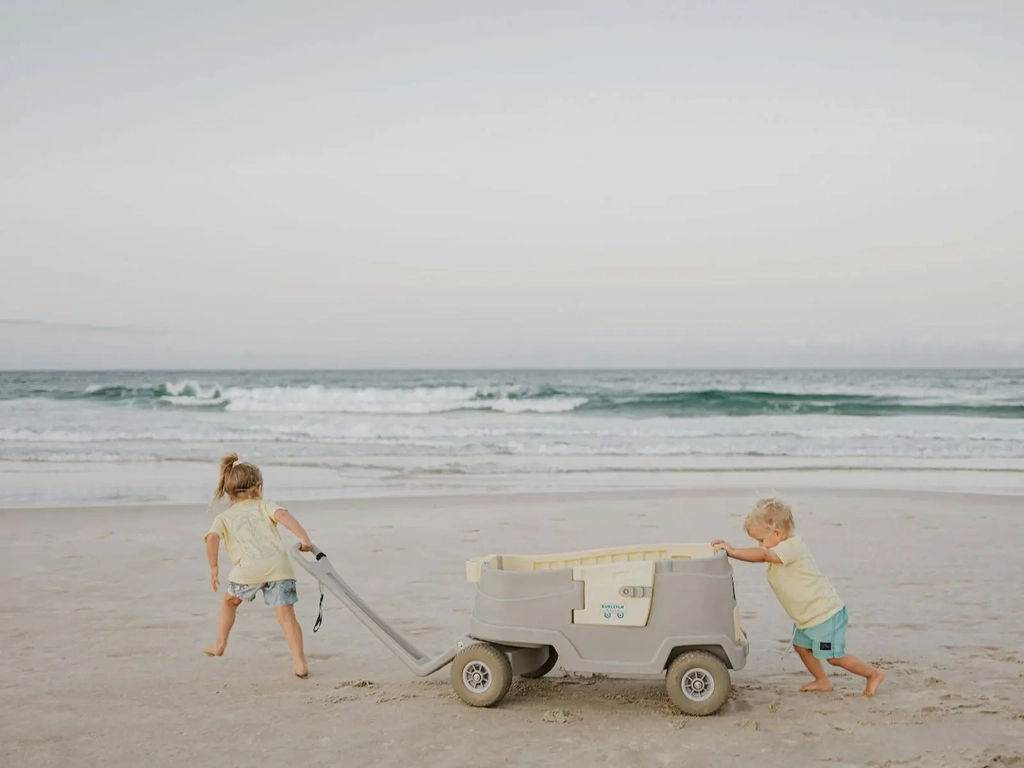 Children on beach pushing a beach wagon