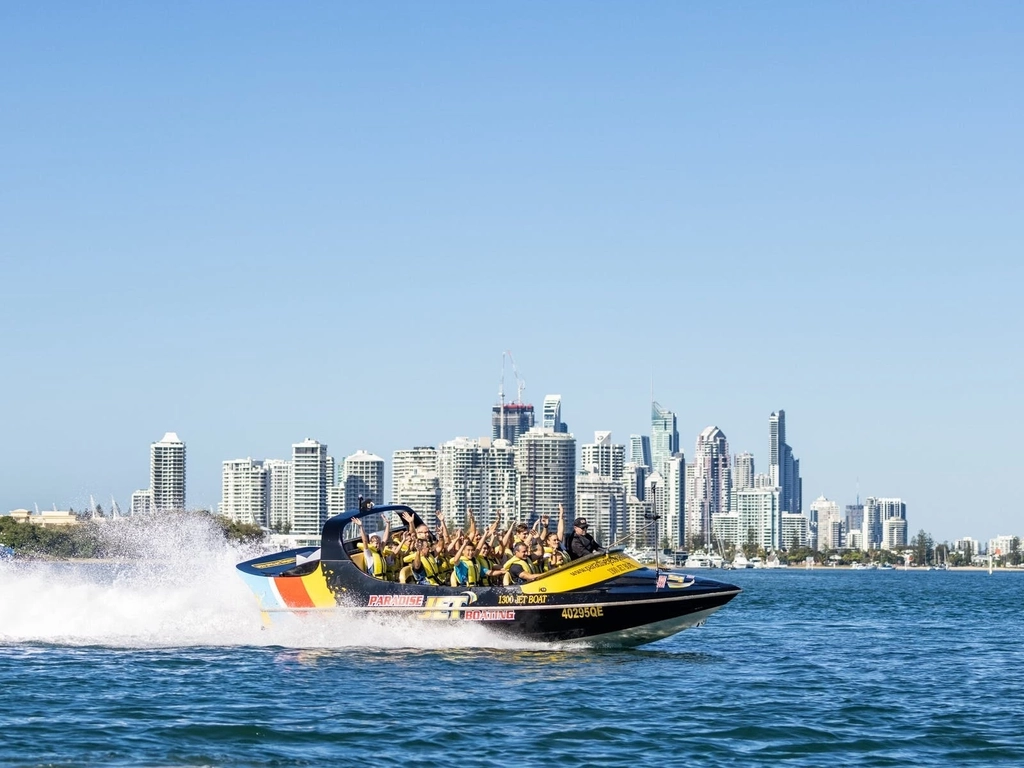 Paradise Jet Boating with Surfers Paradise backdrop Action