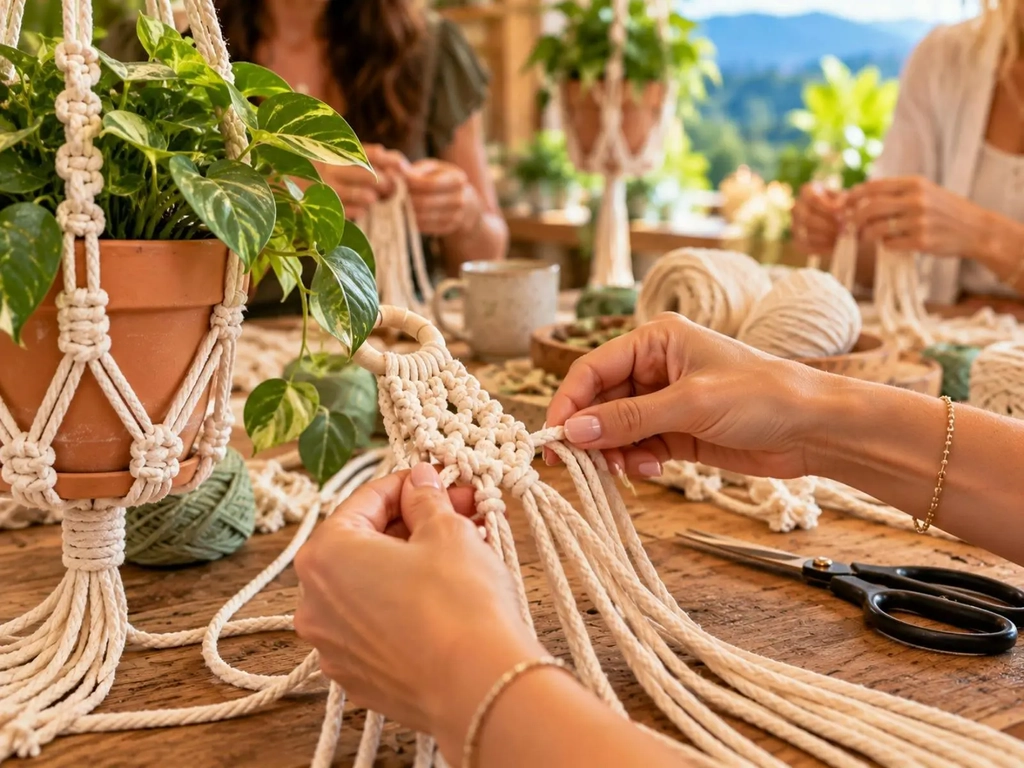 Guests enjoying a hands-on macramé workshop at Sip & Create Tamborine Mountain, learning creative te