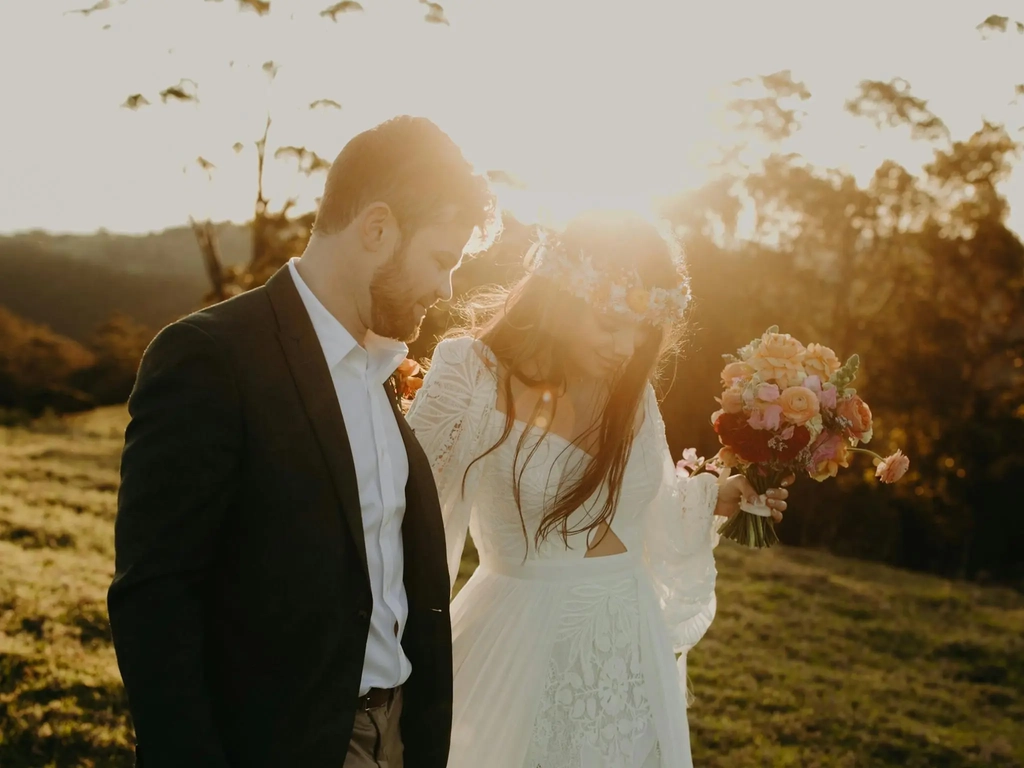 Bride and groom on sunset