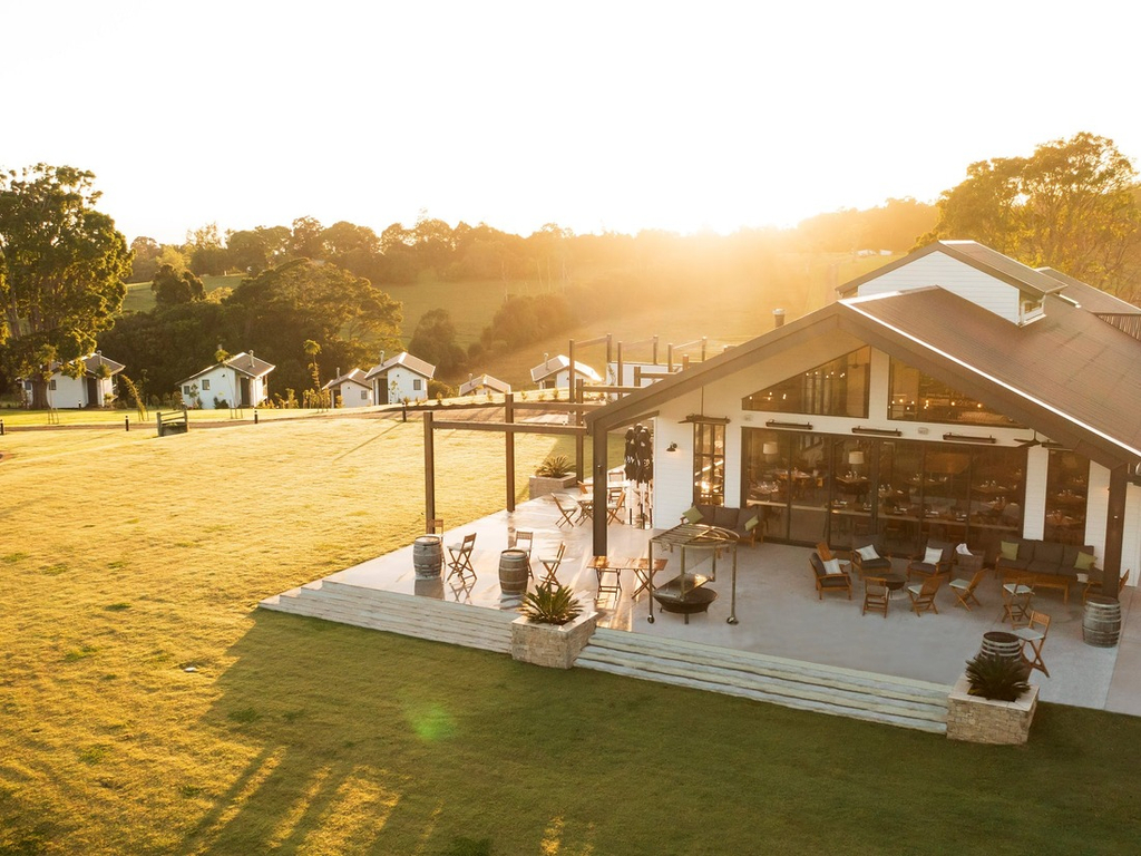 Exterior of luxe farm house style The Paddock restaurant  set in the pristine Gold Coast hinterland
