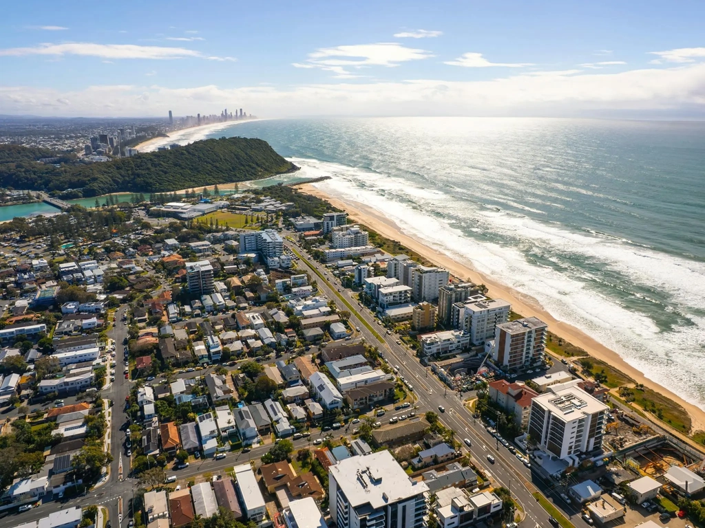 Aerial view north along Palm Beach towards Burleigh Heads