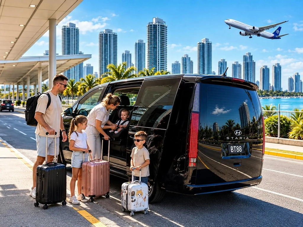 Family loading luggage into a black people mover for an airport transfer
