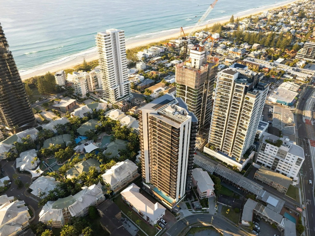 Aerial view of the apartment building at Mermaid Beach a short walk from the sand.