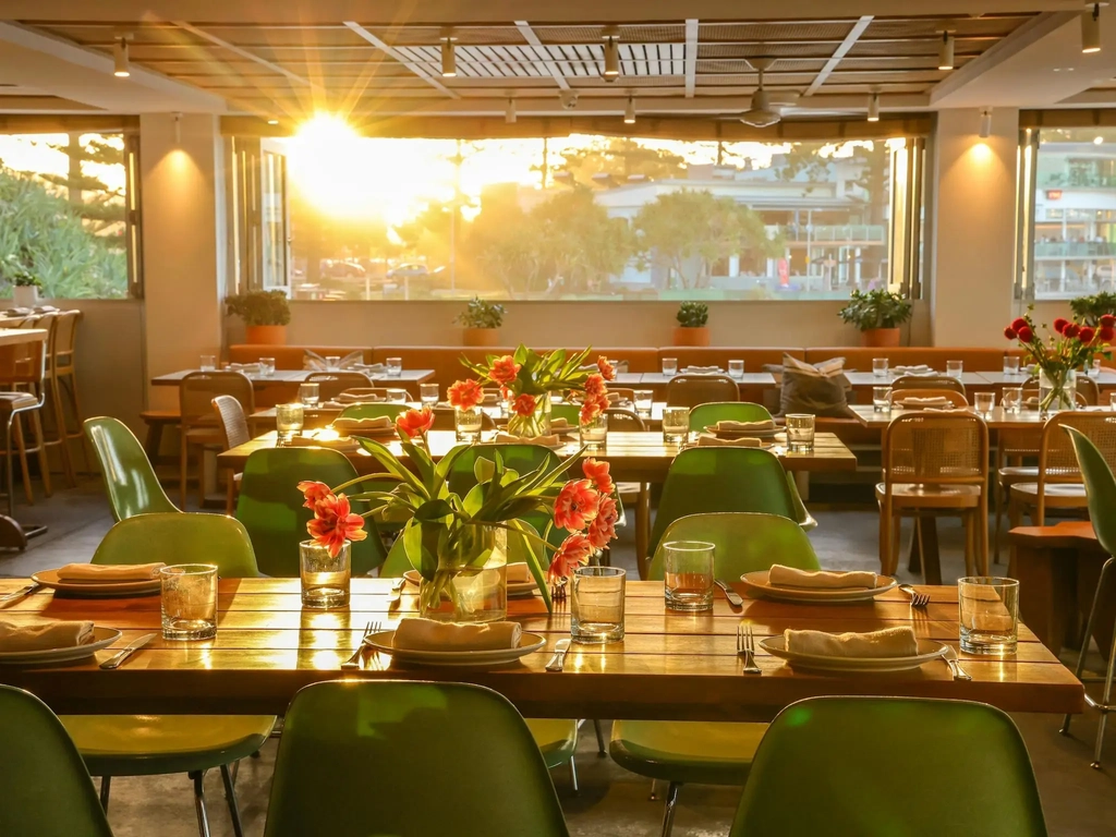 A view from inside the Tropic Restaurant at sunset.