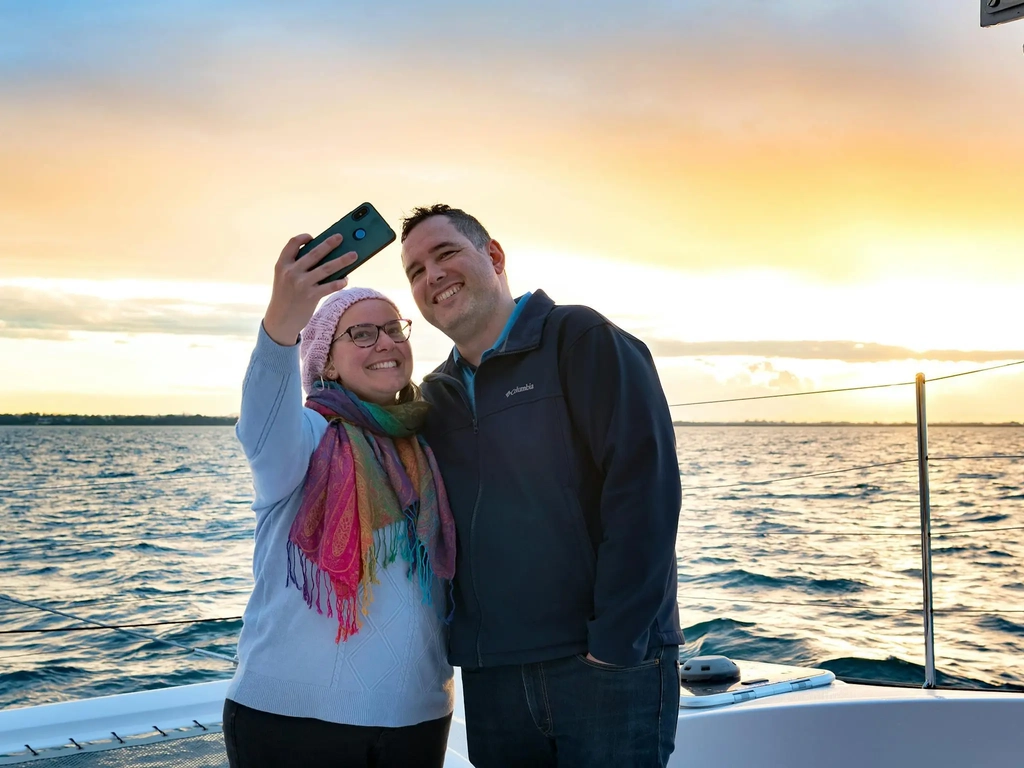 Couple taking a selfie on a boat as sun sets over the water