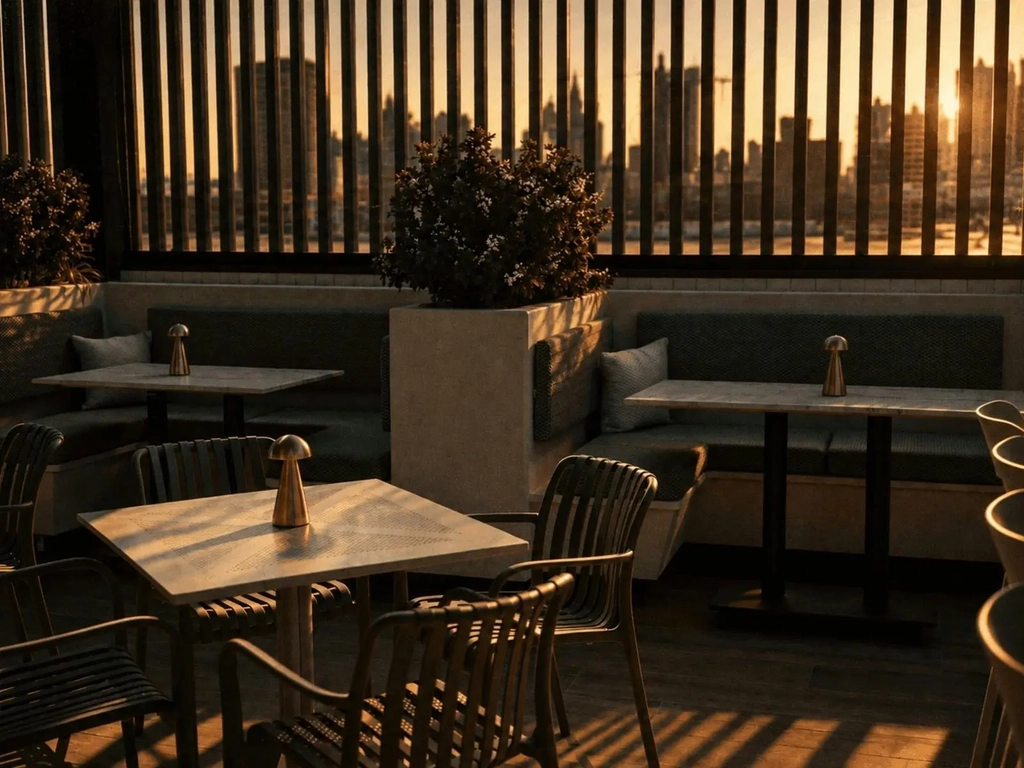 Rooftop booths and tables in golden evening light with the Gold Coast skyline behind