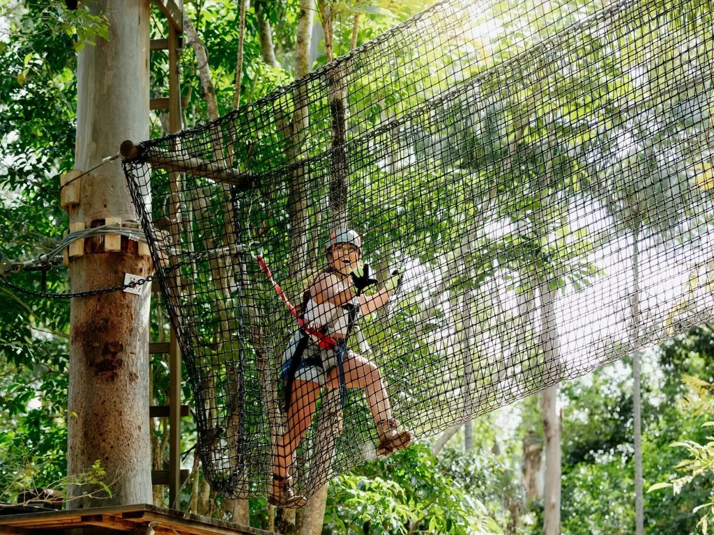 Woman climbing through a net obstacle on the high ropes park surrounded by lush rainforest