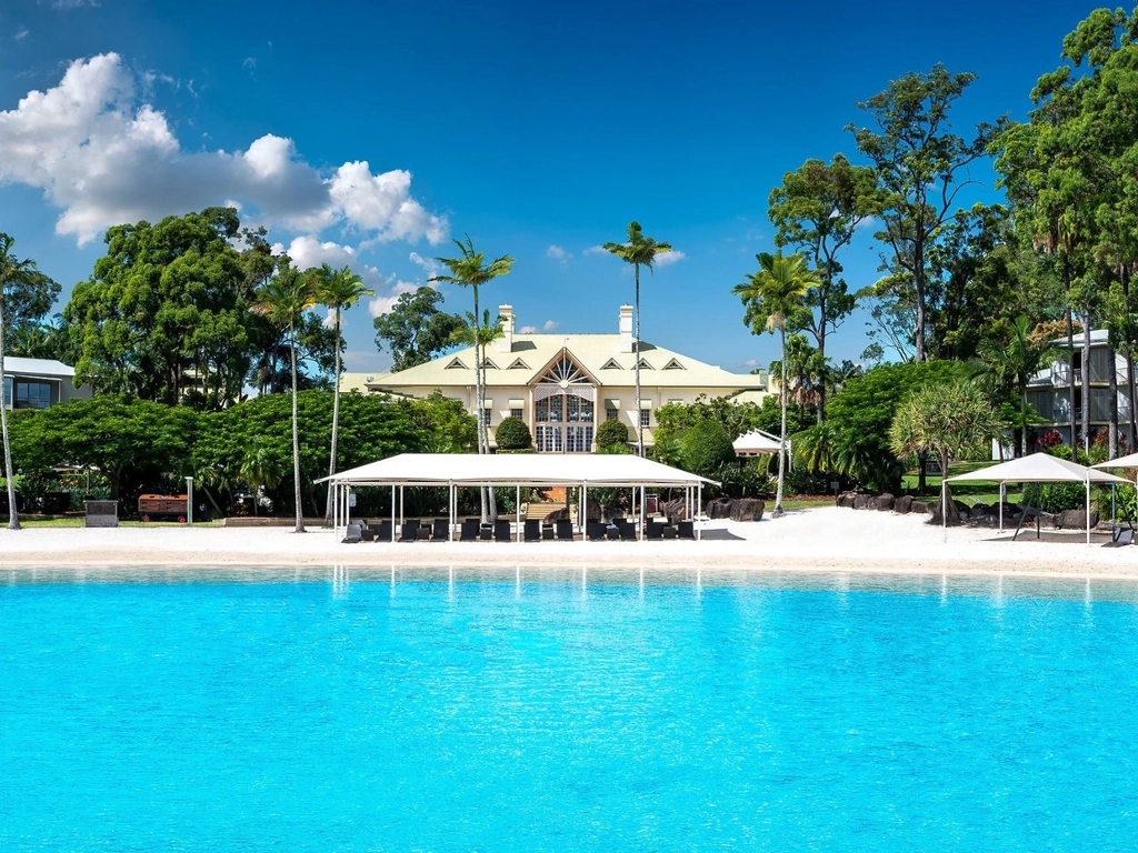 Resort view over our one-acre lagoon beach