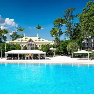 Resort view over our one-acre lagoon beach