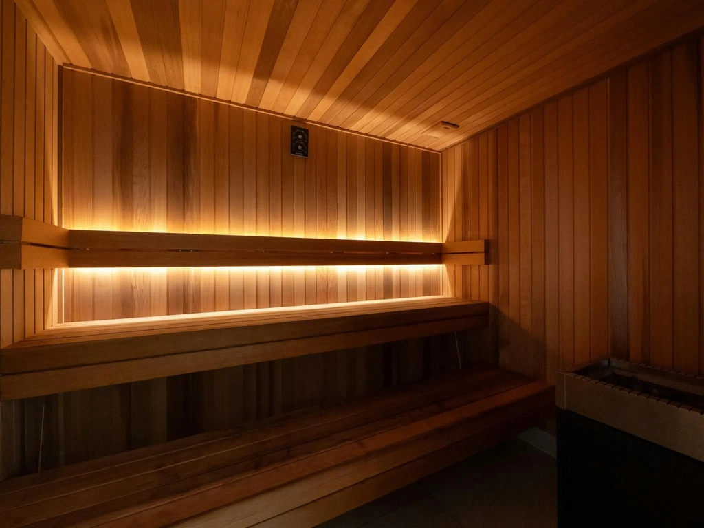 Cedar-lined sauna in the building wellness area