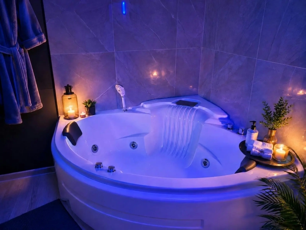 Large Spa bath with blue ambient lighting at Gold Coast Massage and Day Spa in Southport