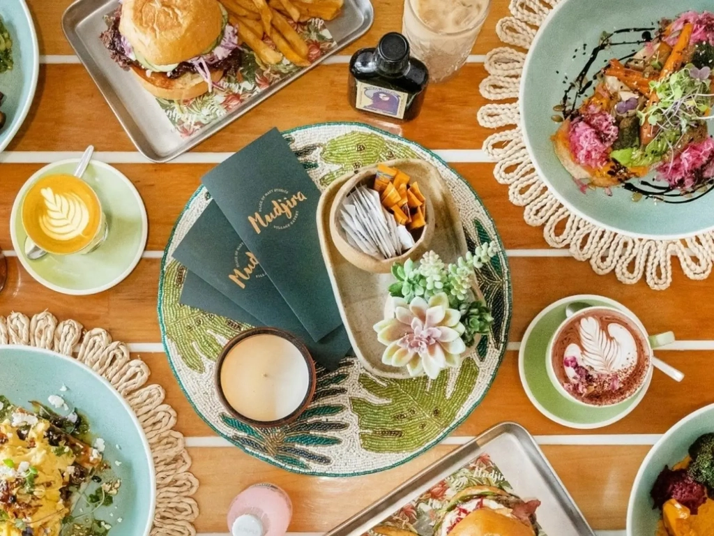 flat lay of a table with a delicious lunch