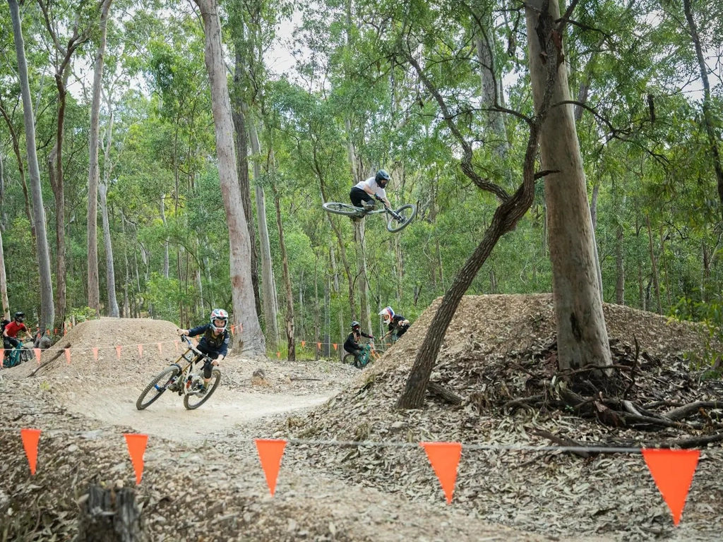 multiple mountain bike riders on trails