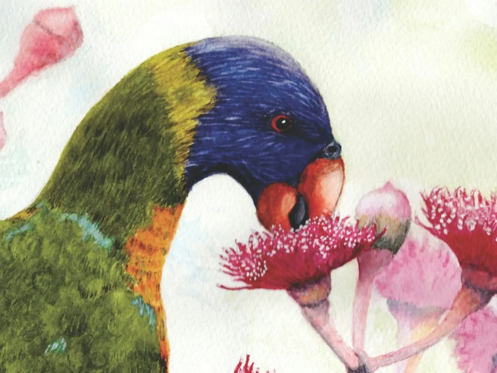 painting of a rainbow lorekit eating a pink flower