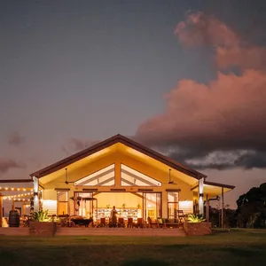 The Paddock restaurant exterior at sunset, Hazelwood Estate